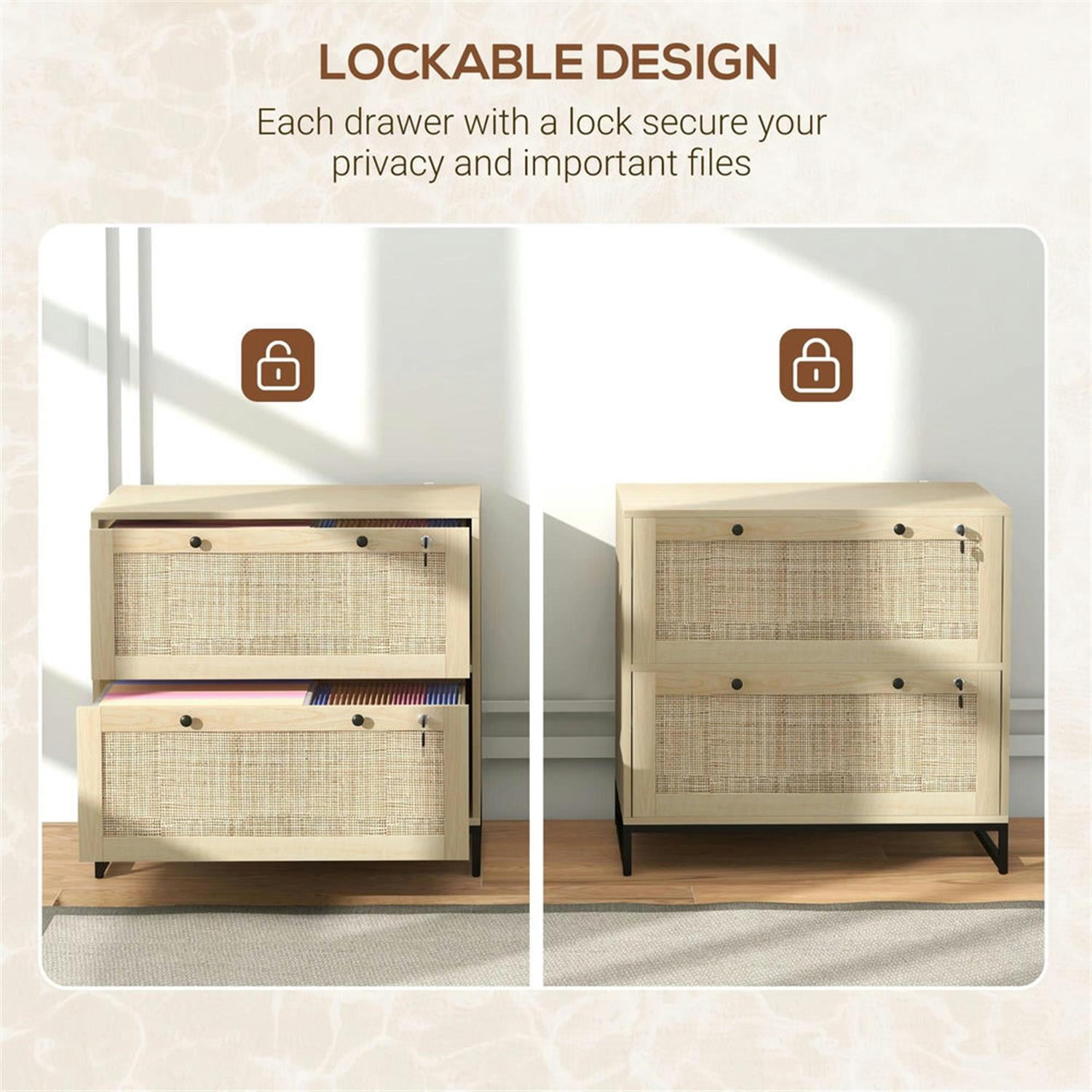 Demi Bonn Boho 2-Drawer Filing Cabinet with Adjustable Hanging Bar, for Letter, A4 and Legal Size, Home Office, Lockable File Cabinet, Beige