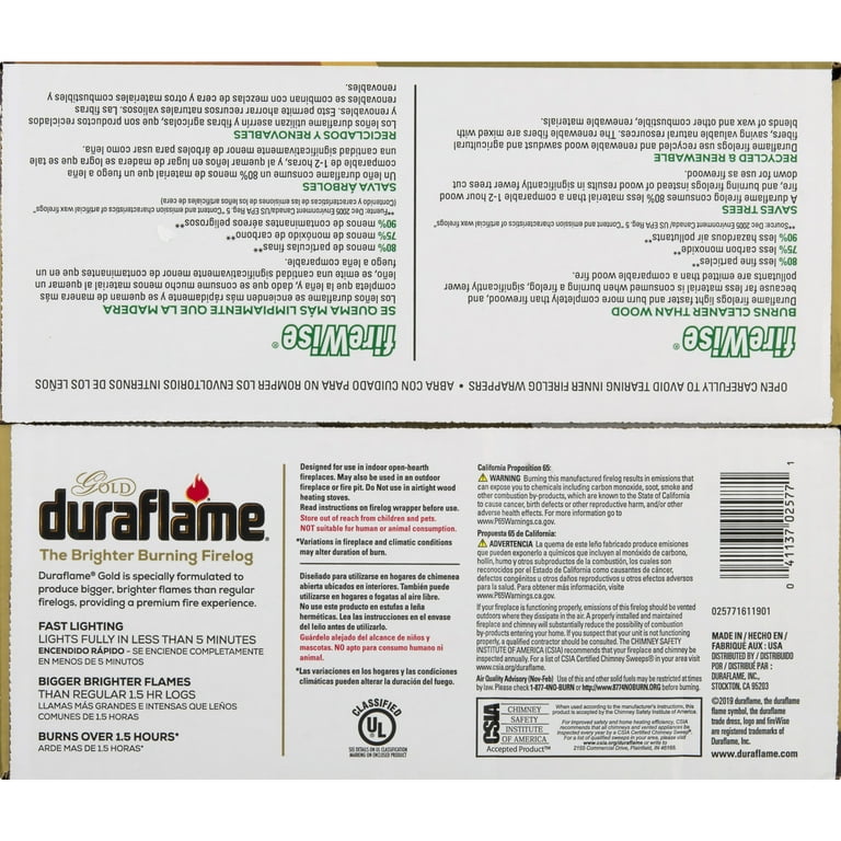 Duraflame Gold 2.5lb Firelogs, 6-Pack Case, Brighter 1.5 Hour Burn -  Walmart.com