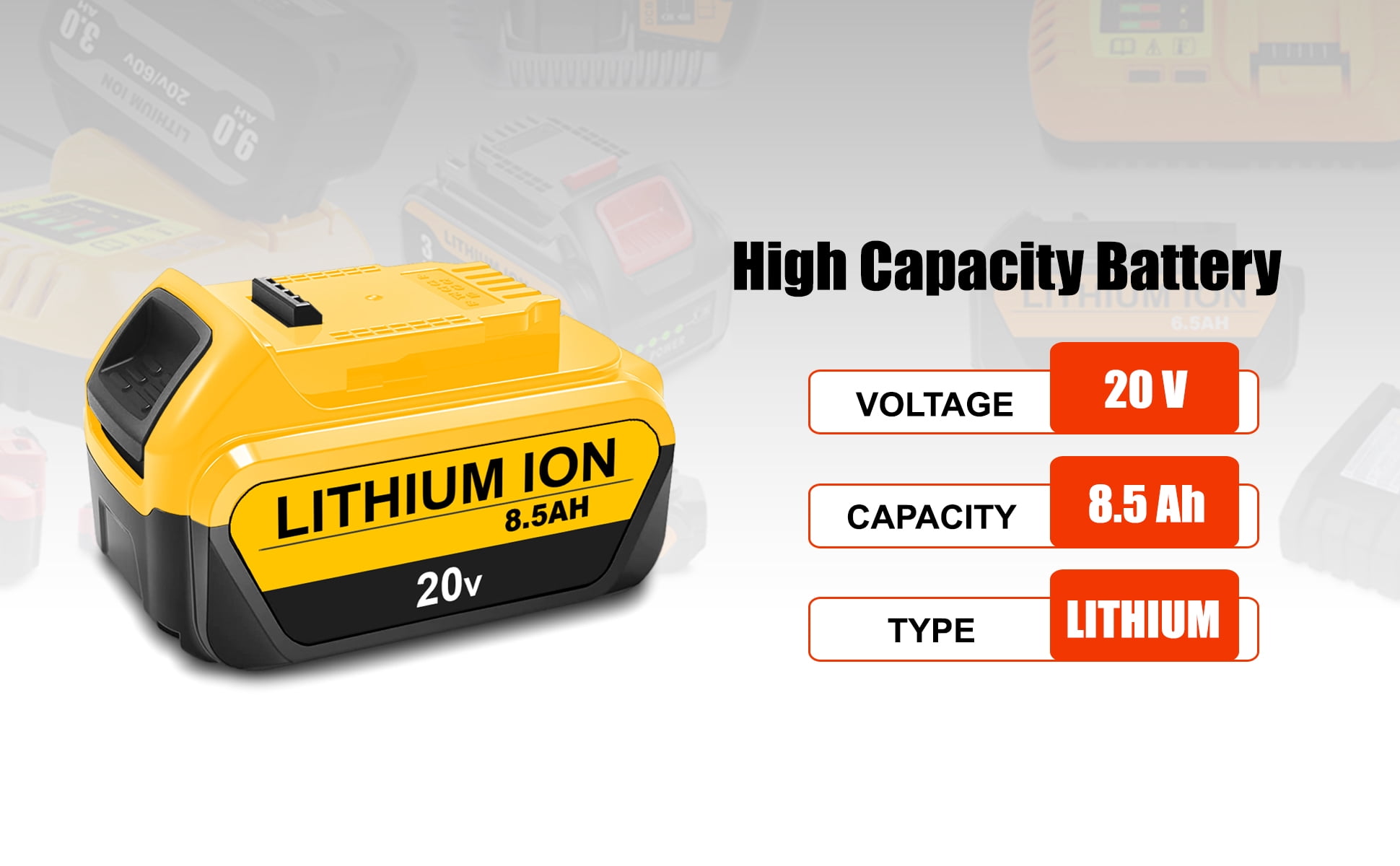 20V Max 8.5Ah Extended Capacity Battery and Charger Kit for DEWALT 20V Max XR Battery and Charger Combo 8.0Ah DCB208 7.0Ah DCB207 6.0Ah DCB206 5.0Ah DCB205-2 4.0Ah DCB204-2 Lithium Battery + Charger