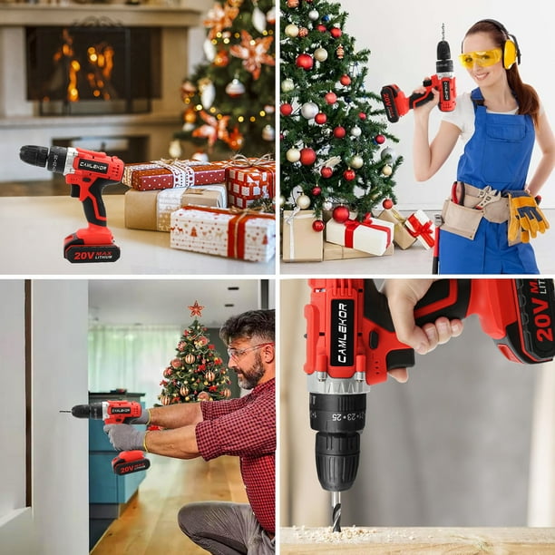 Camlekor Cordless Drill 20V Electric Power Drill Set 3 8 Impact Drill 2 Variable Speeds 25 3 Position Setting with LED Work Light and 2