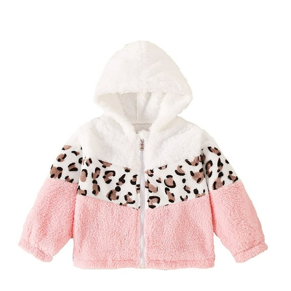 Shadoumai Girls Faux Jacket Long Sleeve Winter Warm Coat Cute Leopard Print Trim Zip Up Outerwear For Toddler Kids