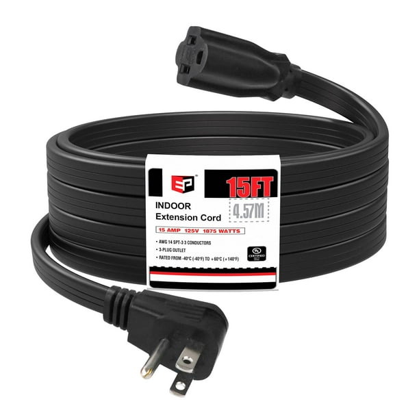 Cable de extensión EP de 15 pies, resistente, calibre 14, 3 puntas, negro