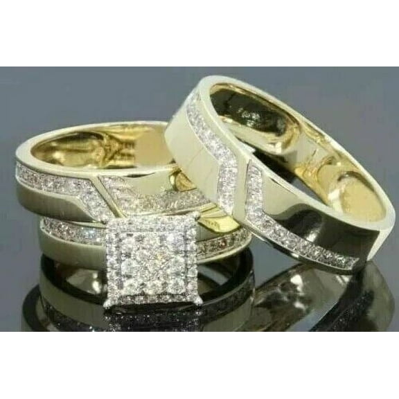2.5ct Simulated Diamond 14k Yellow Gold Plated Engagement Wedding His Her Trio Ring Set