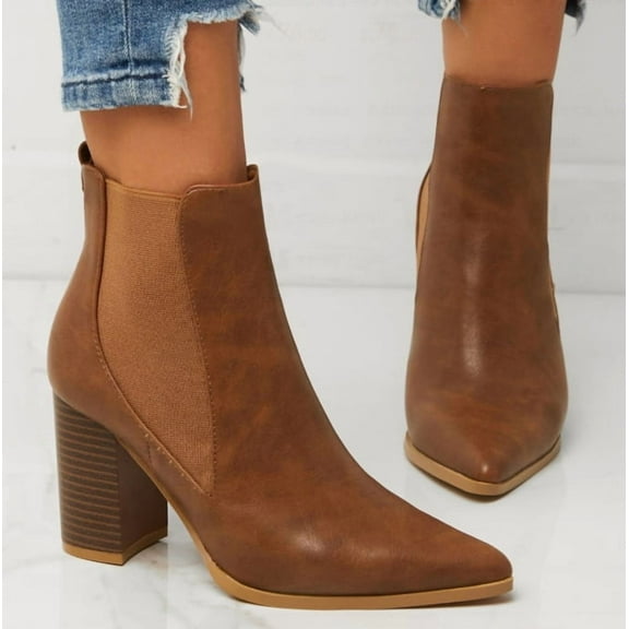 Womens Pointed Toe Ankle Boots Elastic Chunky Block Stacked Mid Heel Slip On Chelsea Booties