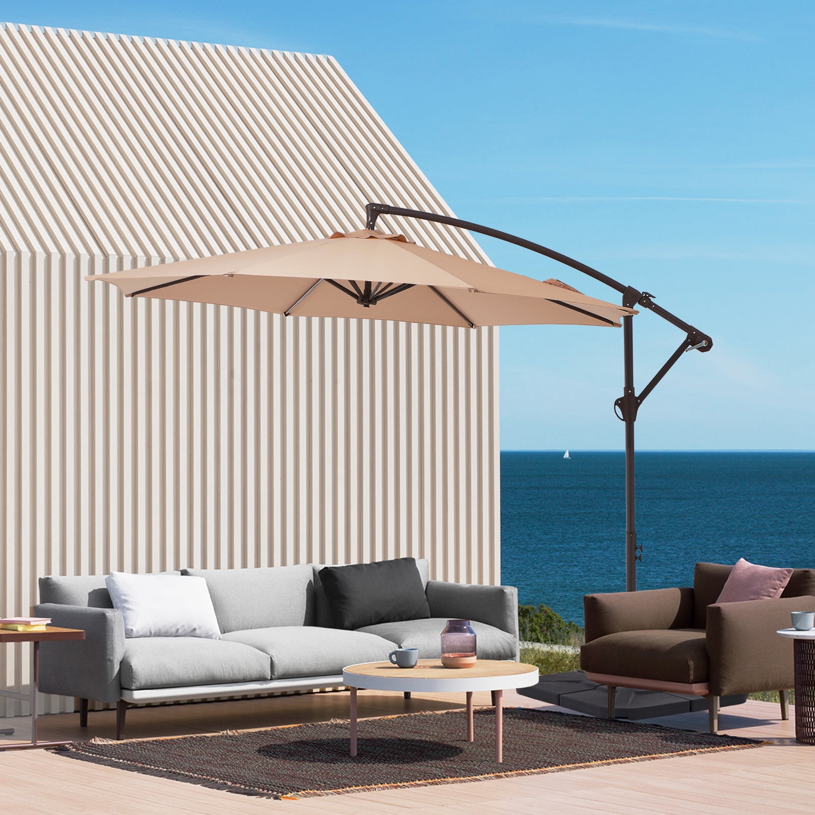 FUNDAZE 10ft Patio Umbrella, Hanging Cantilever Offset Outdoor Umbrella with Tilting for Deck Backyard, Base Sold Separately,Beige