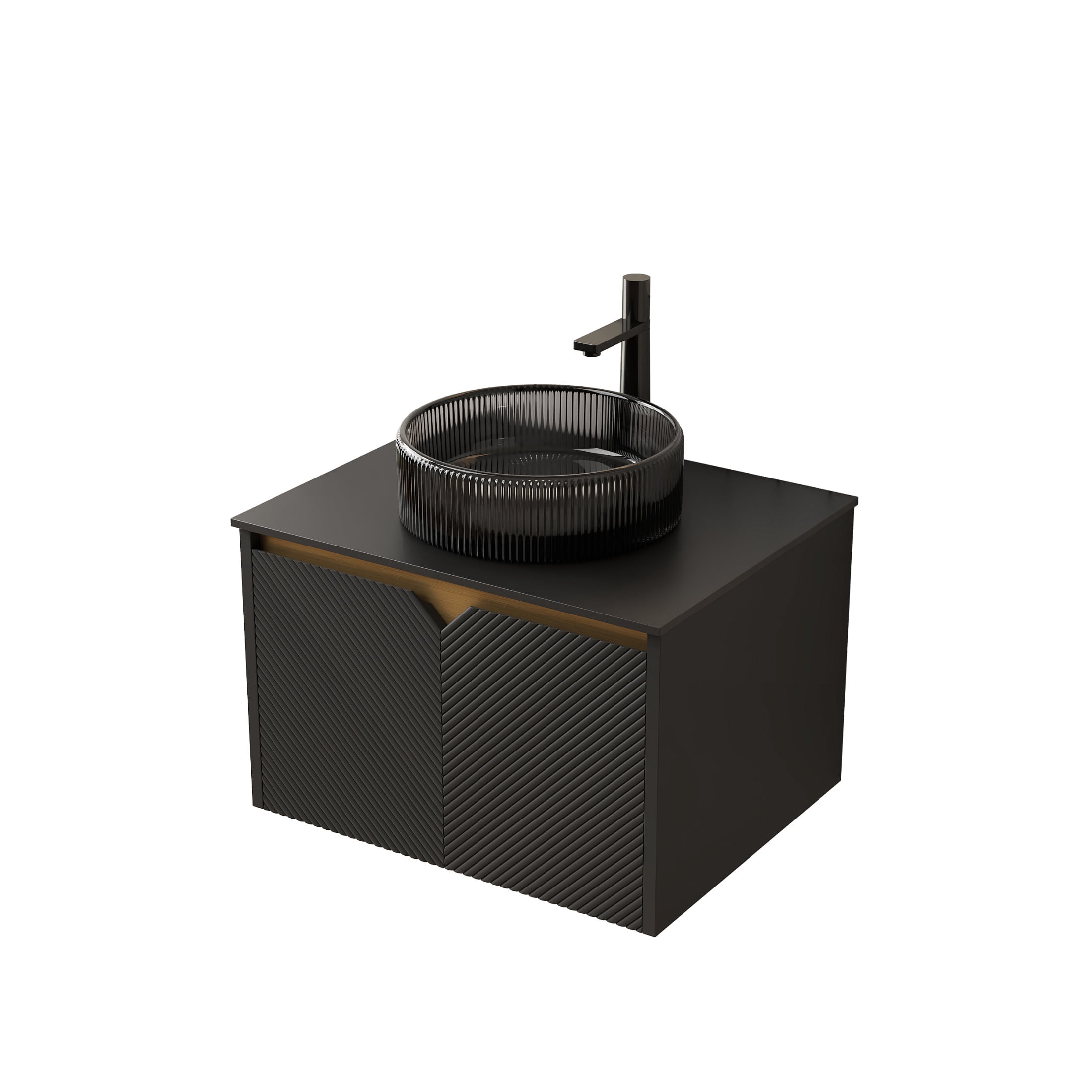 Noble House RUBEN 24" Floating Bathroom Vanity, Sintered Stone Top Cabinet with Black Round Glass Vessel Sink, Black