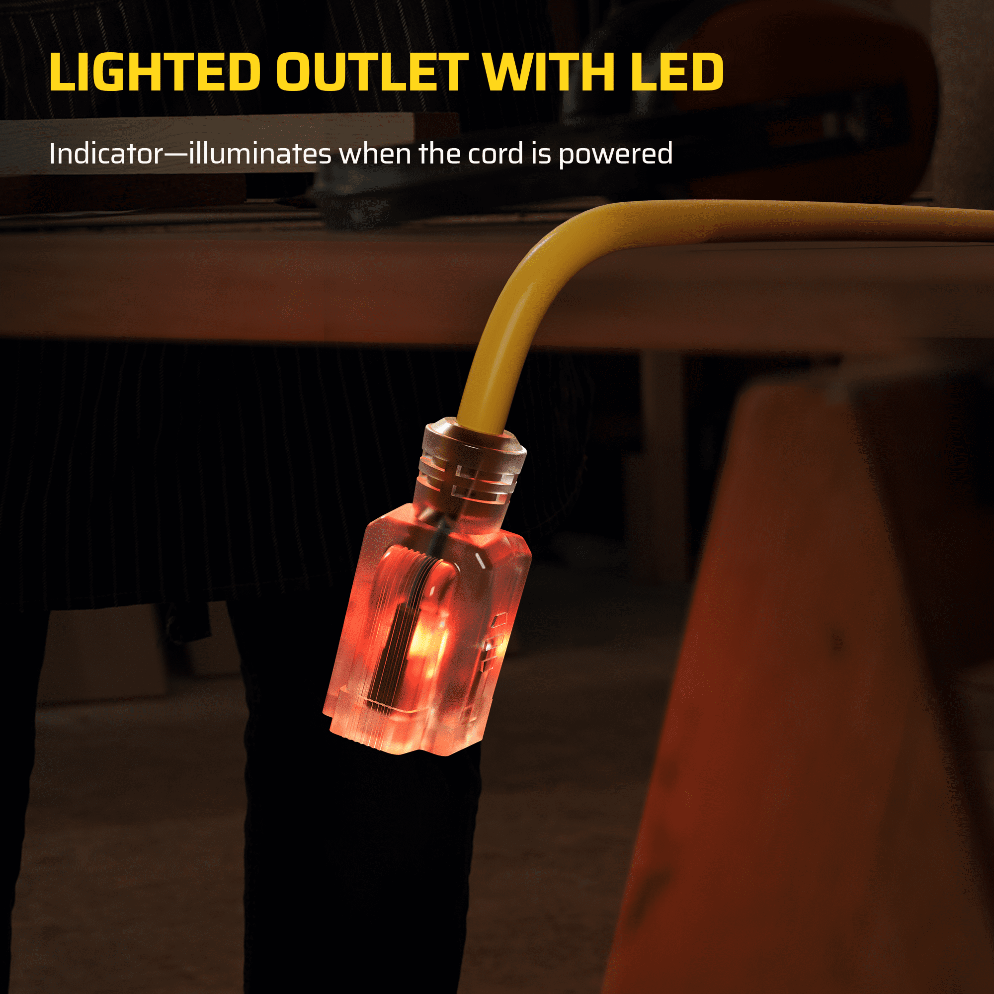 DEWENWILS 15FT Yellow Extension Cord for Outside Indoor 16/3 Gauge 16AWG 3 Prong Outlet with Light 2 Pack