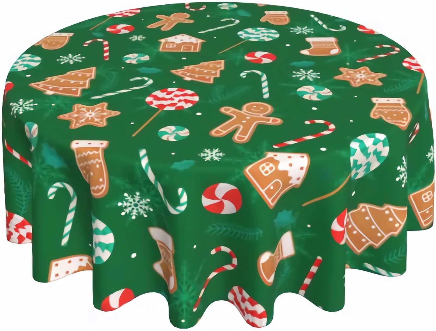Green Gingerbread Man Round Tablecloth 60 Inch, Christmas Candy Cane Decorations Round Table Cloth for Xmas Holiday Picnic Party Indoor Outdoor