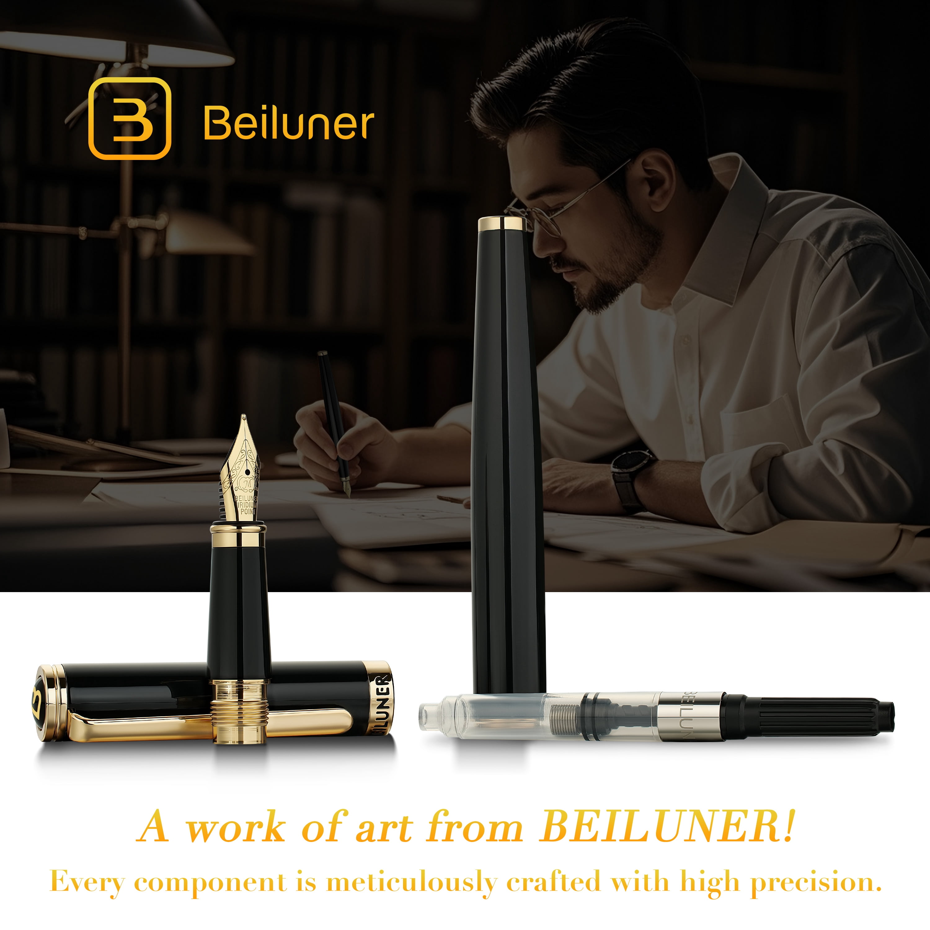 BEILUNER Black Fountain Pen,Stunning Luxury Pen,24K Gilded Nib(Medium),Gorgeous 24K Gold Finish,German Schneider Ink Converter,Trustworthy Pen Gift for Men&Women-Elegant, Office,Nice Pen for Writing
