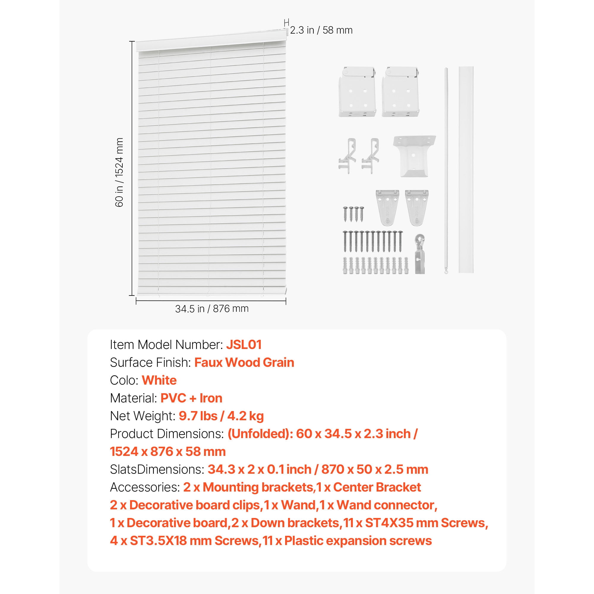 KFFKFF Cordless Faux Wood Blinds, 2" Slats, 34.5" W x 60" H, Window Shades with Decorative Valance, Easy to Maintain and Adjust Light, Ideal for Room Darkening and Home Interiors, White