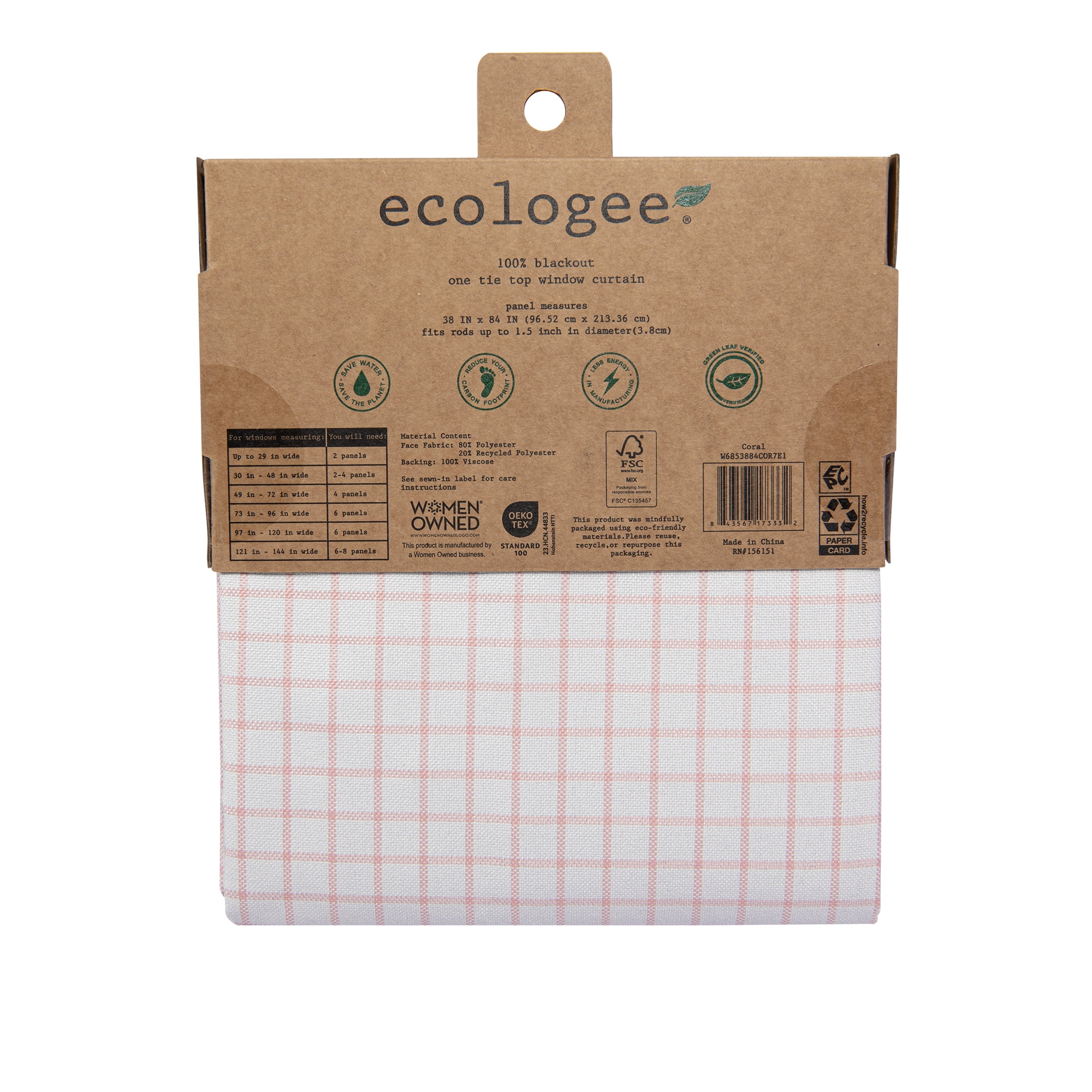 Ecologee Jill 100% Blackout Tie Top Single Indoor Curtain Panel, Coral, 38" W x 84" L