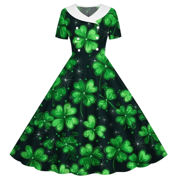 Xdegoge St. Patrick's Day Girls Dresses A Line Clover Print Vintage Dress with Collar and Short Sleeves Irish Holiday Gown