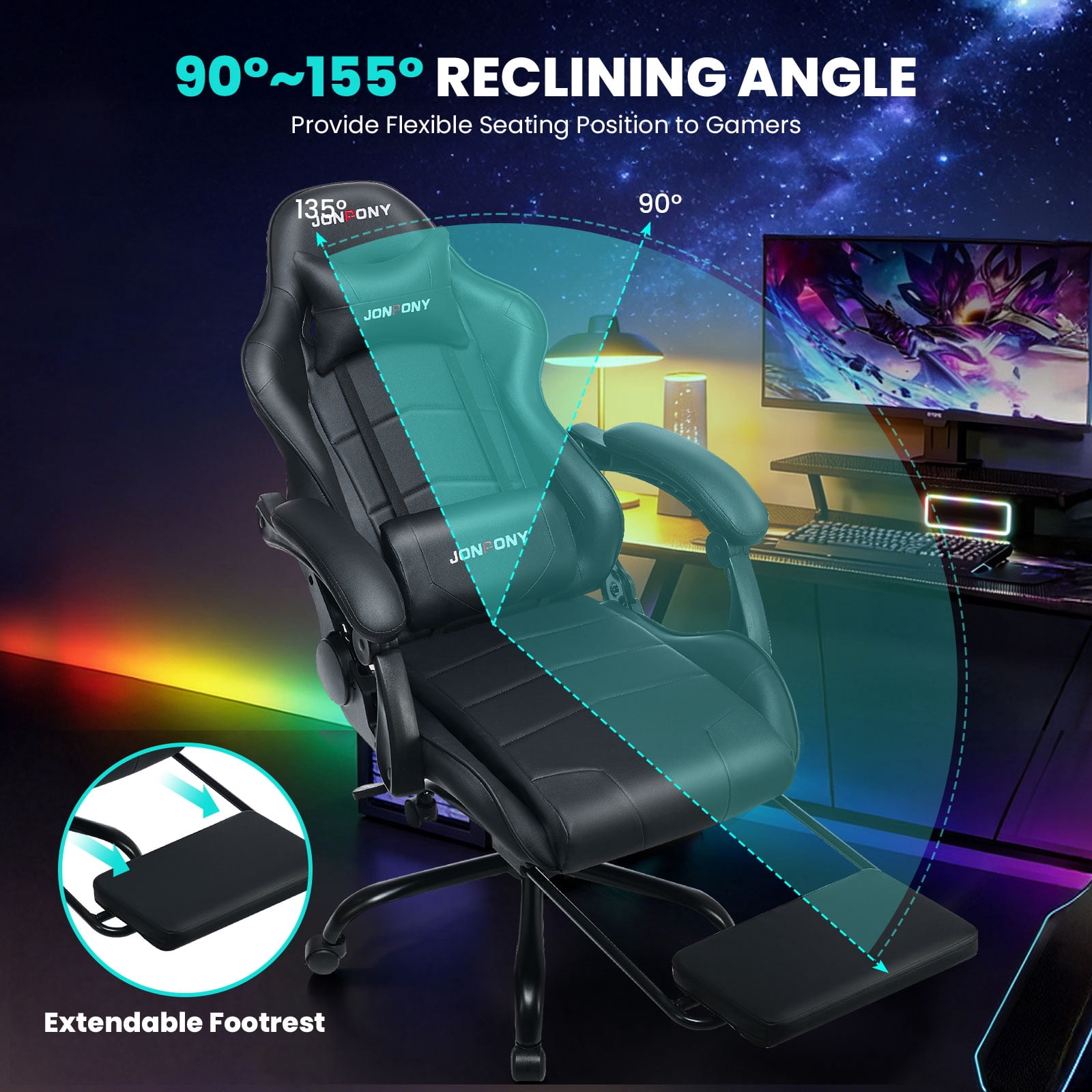 JONPONY Big and Tall 500LBS Gaming Chair, Ergonomic Design, Gamer Chair PU Leather with Footrest and Lumbar Support, High Back Office Chair Support, Long Sitting Computer Chair, Black