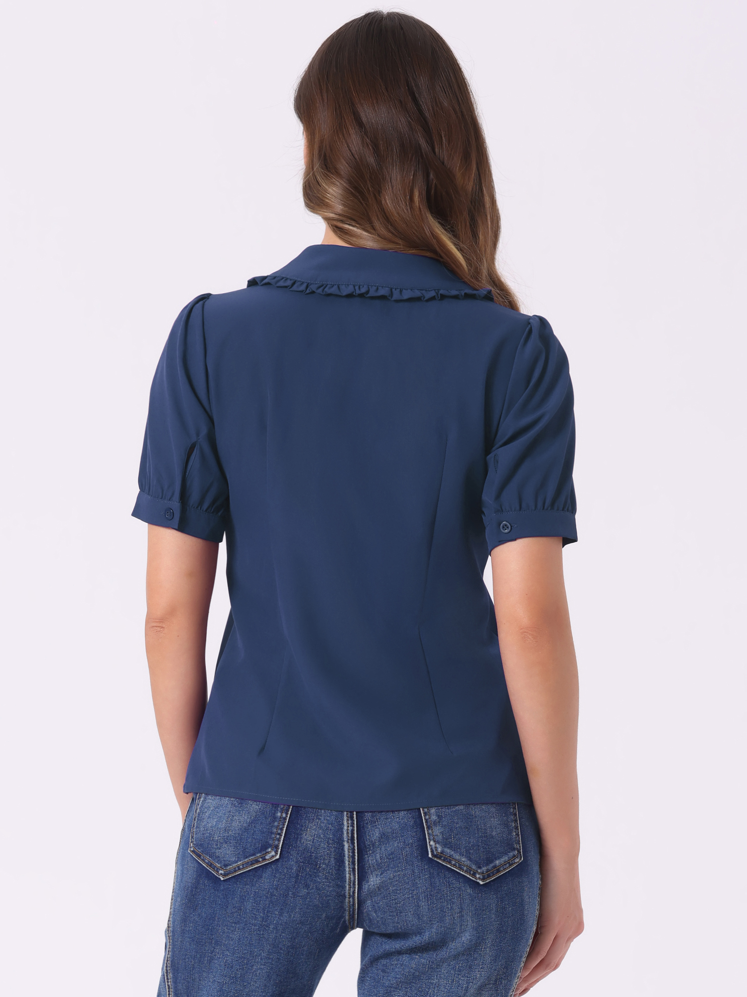 DARING DIVA Women's Peter Pan Collared Puff Short Sleeve Retro Blouse L Dark Blue