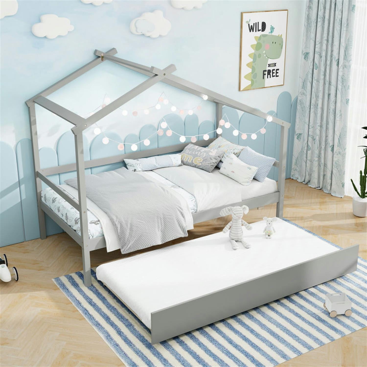 Demi Bonn Twin Size House Bed Frames with Trundle and Roof, Modern Platform Bed Frames for Teens, Gray
