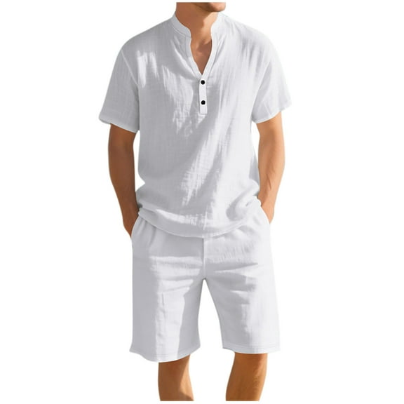 Timoontee Men's 2 Piece Beach Sets Lightweight Loose Summer Casual Sets Short Sleeve Button Mock Neck Shirts and Drawstring Shorts Sets for Daily & Vacation White XXXL