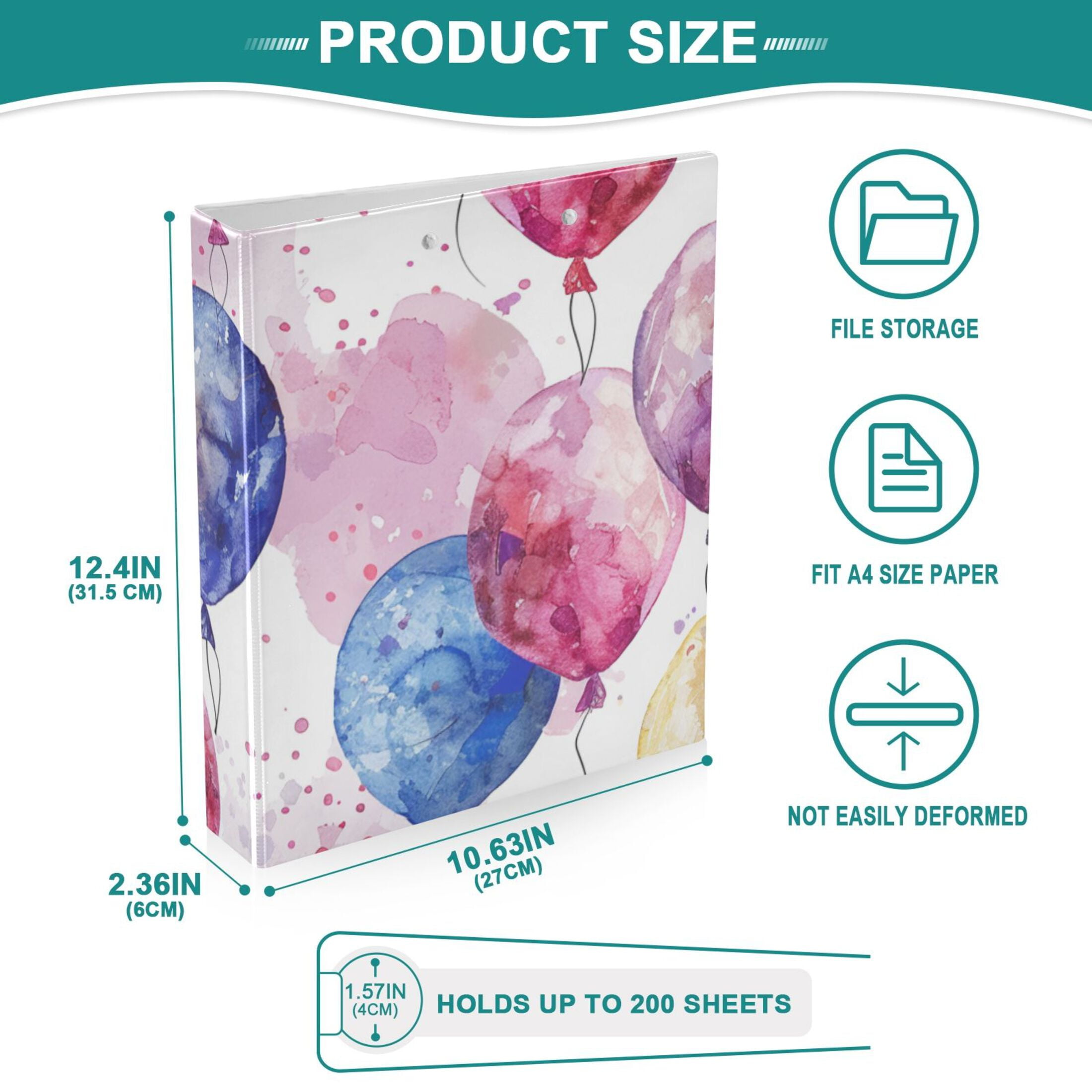 Many Balloons 3 Ring Binders 1.5 inch Hardcover File Folders with Interior Pockets A4 Size Organizer for School Office Hospital