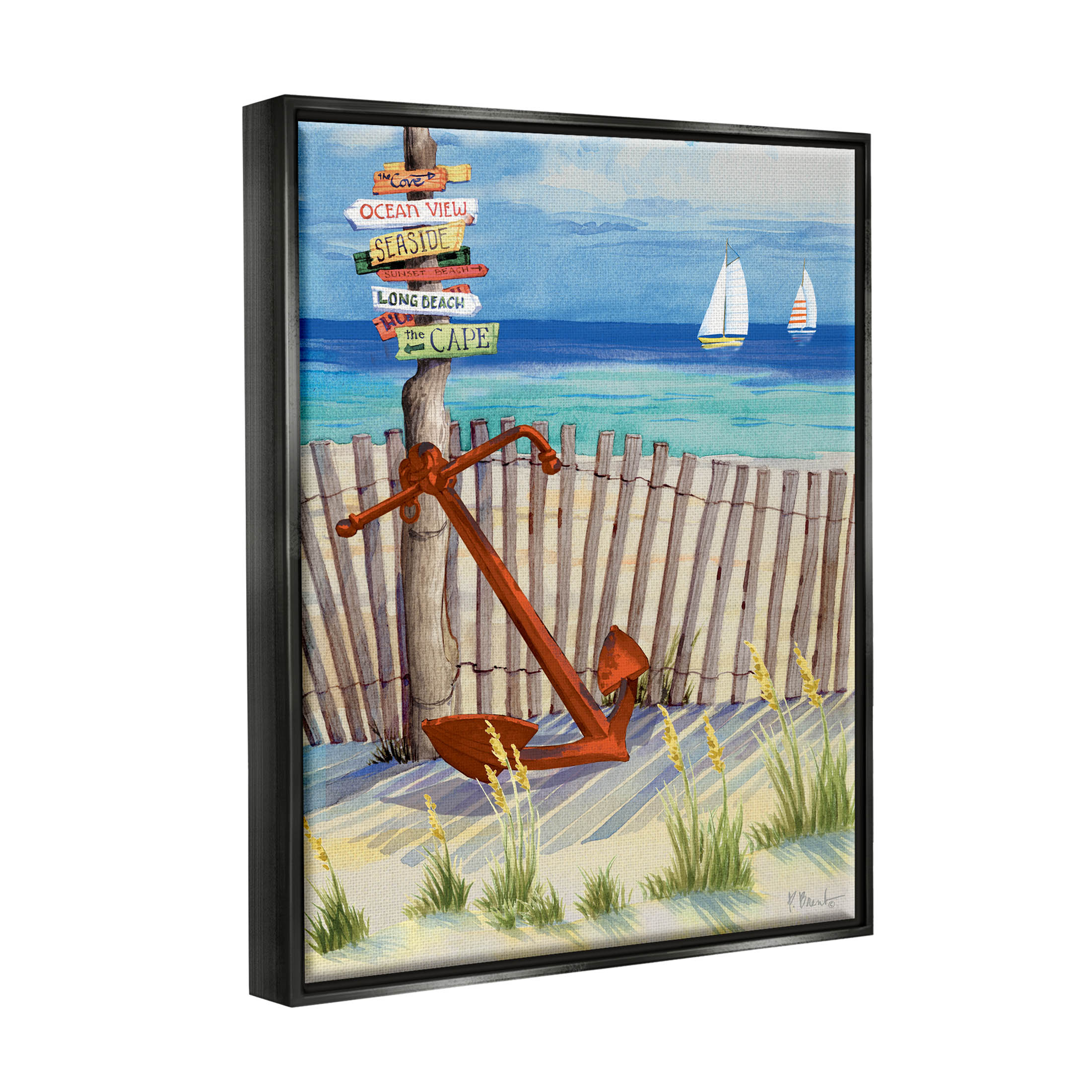 Anchor Leaning Beach Directions Sign Coastal Painting Jet Black Framed Art Print Wall Art