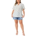 thumbnail image 3 of Agnes Orinda Women's Plus Size Floral Tops Ruffle V Neck Puff Short Sleeve Summer Casual Blouse 3X White, 3 of 7