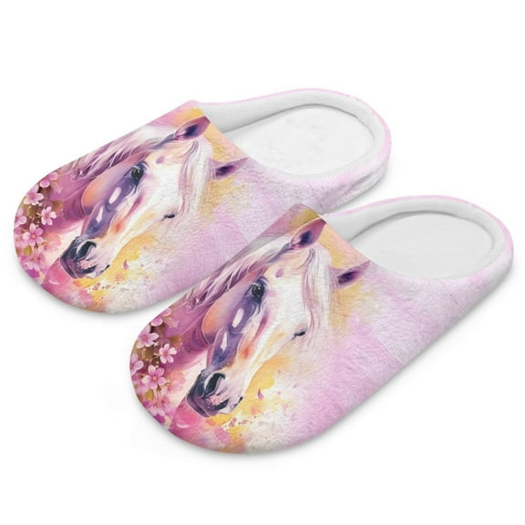 POLERO Pink Horse Floral Print Closed Toe House Slippers for Woman Men Soft Cotton Indoor Shoes Memory Foam Slip On Bedroom Slippers, Size 10.5-11.5