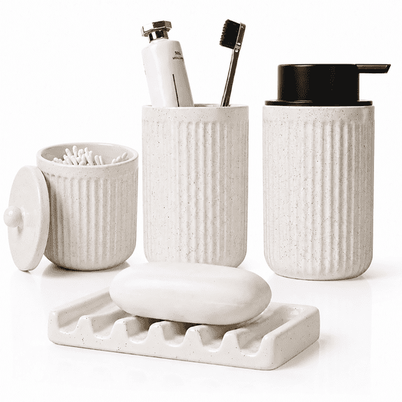 BosilunLife Bathroom Accessories Set of 4, Matte Ceramic Soap Dispenser Set, Toothbrush Holder, Soap Dish and Cotton Ball Holder for Bathroom Countertop, Off-white with Speckles