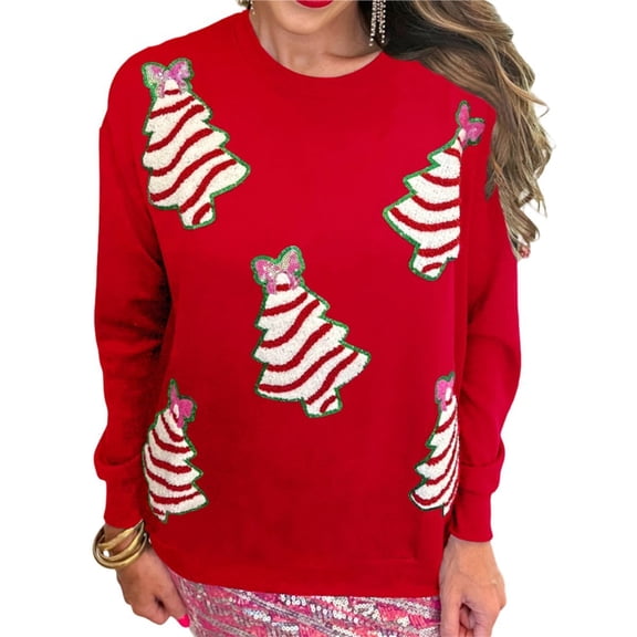 Women Sequin Sweatshirt Sparkly Santa Xmas Tree Shirt Long Sleeve Crew Neck Oversized Pullover Red XL