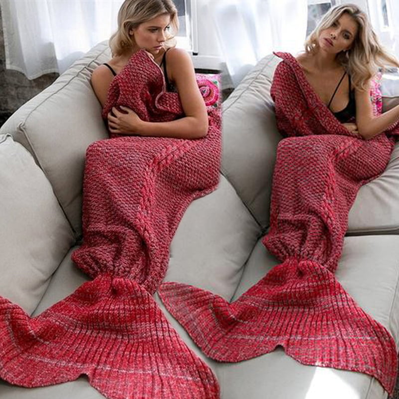 Adult Pink Crocheted Mermaid Tail Blanket Cocoon Sofa Beach Quilt Rug Fish Scale 