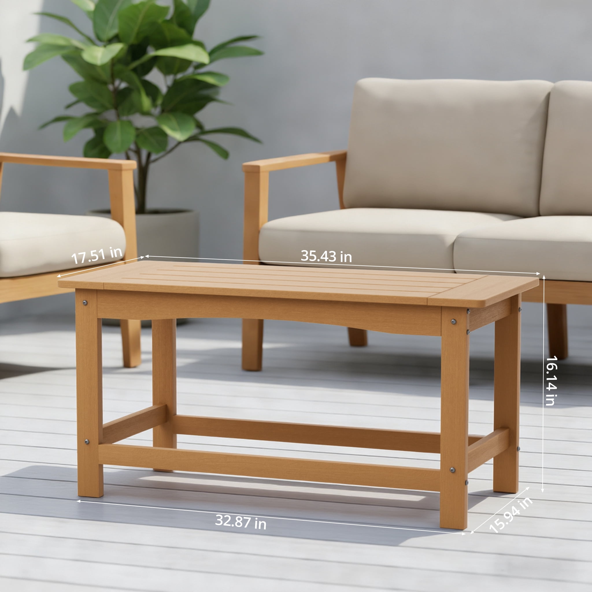 AwayHome 35" Rectangle HIPS Outdoor Coffee Table for Patio,All-Weather Small Outdoor Table for Deck Balcony Garden Porch Poolside,Teak
