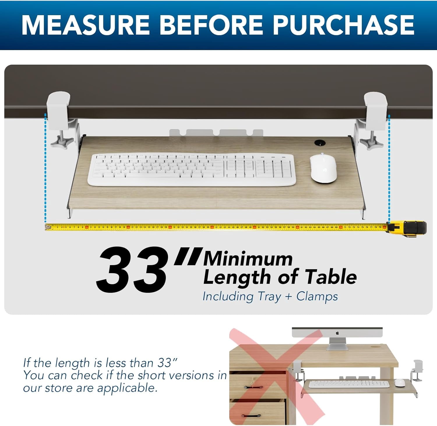 Under Desk Pull Out Keyboard Tray with Sturdy C Clamp Mount System, 27.3 x 11 Inch Slide-Out Platform Computer Drawer for Typing