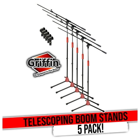 Griffin Microphone Stand with Boom Arm and Mic Clip (Pack of 5) - Tripod Telescoping Quality for Studio, Karaoke, Live Performances, Conferences Portable with Folding Legs & Removable Arm