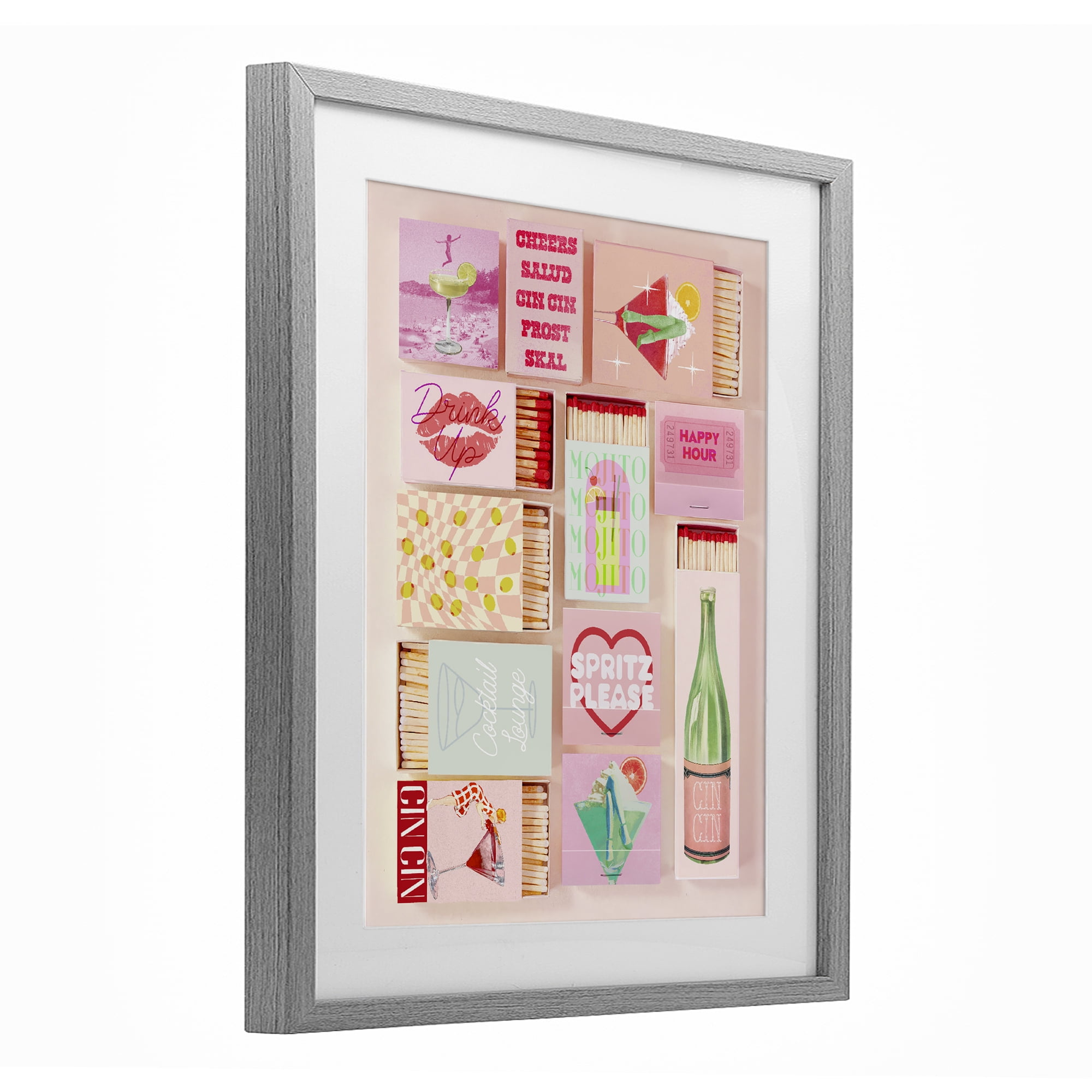 Glam Cocktails Retro Matches Gray Framed Print Under Glass, design by Lil' Rue