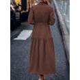 thumbnail image 2 of Chocolate Brown Lantern Sleeve Tiered Hem Belted Shirt Dress Maxi For Women, 2 of 6