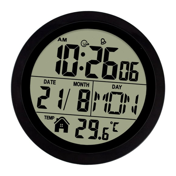 Reloj despertador digital de escritorio redondo con fecha de 12/24 horas y semana, versátil. Negro