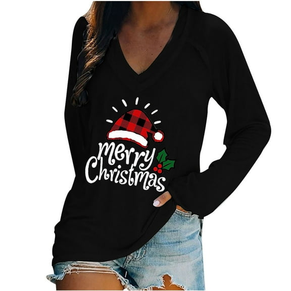 Odeerbi Christmas Shirts for Women Long Sleeve Tops Fashion Casual V-Neck Christmas Printed T-shirt