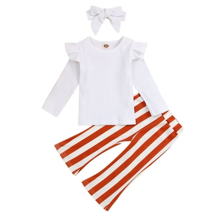

Suanret Toddler Girl Long Pants Outfits Long Sleeve Solid Color Ruffles Decor Tops Stripe Pattern Pants Cute Headband Set White 18-24 Months
