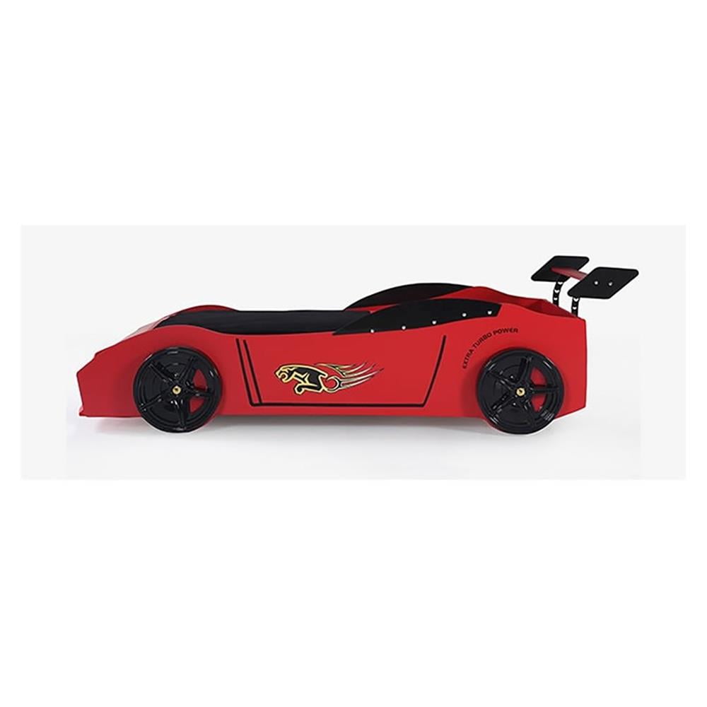Pemberly Row Modern Woody Twin Race Car Bed with LED Headlights in Red