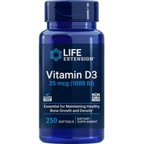Life Extension Vitamin D3 25 mcg (1000 IU), immune system support, bone health, whole-body health, value size, gluten-free, non-GMO, 250 softgels