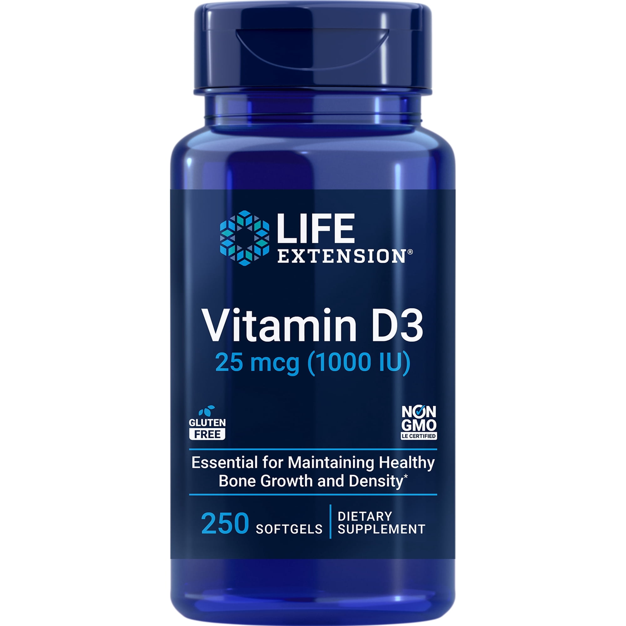 Life Extension Vitamin D3 25 mcg (1000 IU), immune system support, bone health, whole-body health, value size, gluten-free, non-GMO, 250 softgels