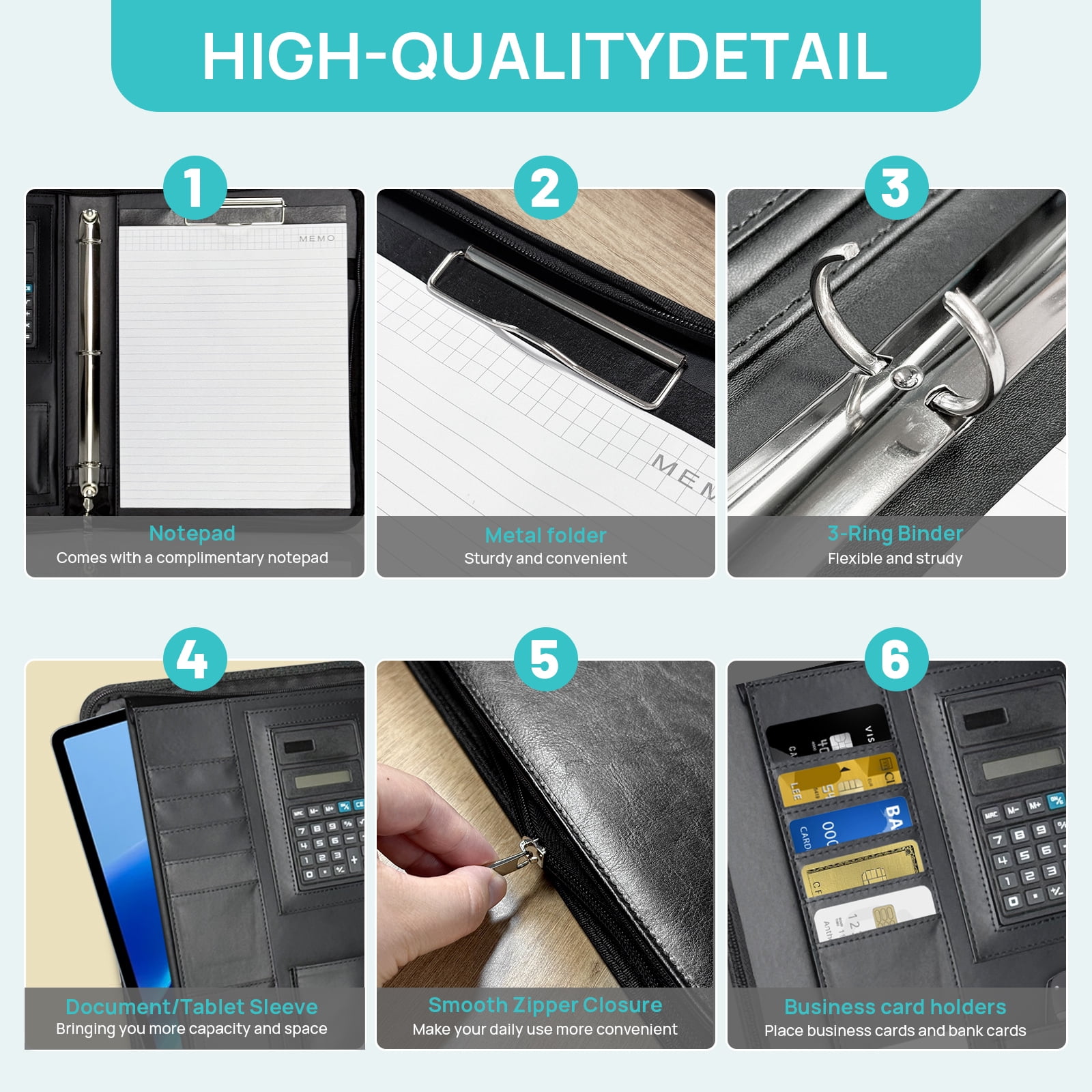 AGCAN Padfolio Portfolio with Zipper, Black Vegan Leather Business 3 Ring Binder Binder, Protective 10.1 Inch Tablet Sleeve, Solar Calculator, Business Card Storage Included Letter Sized Writing Pad