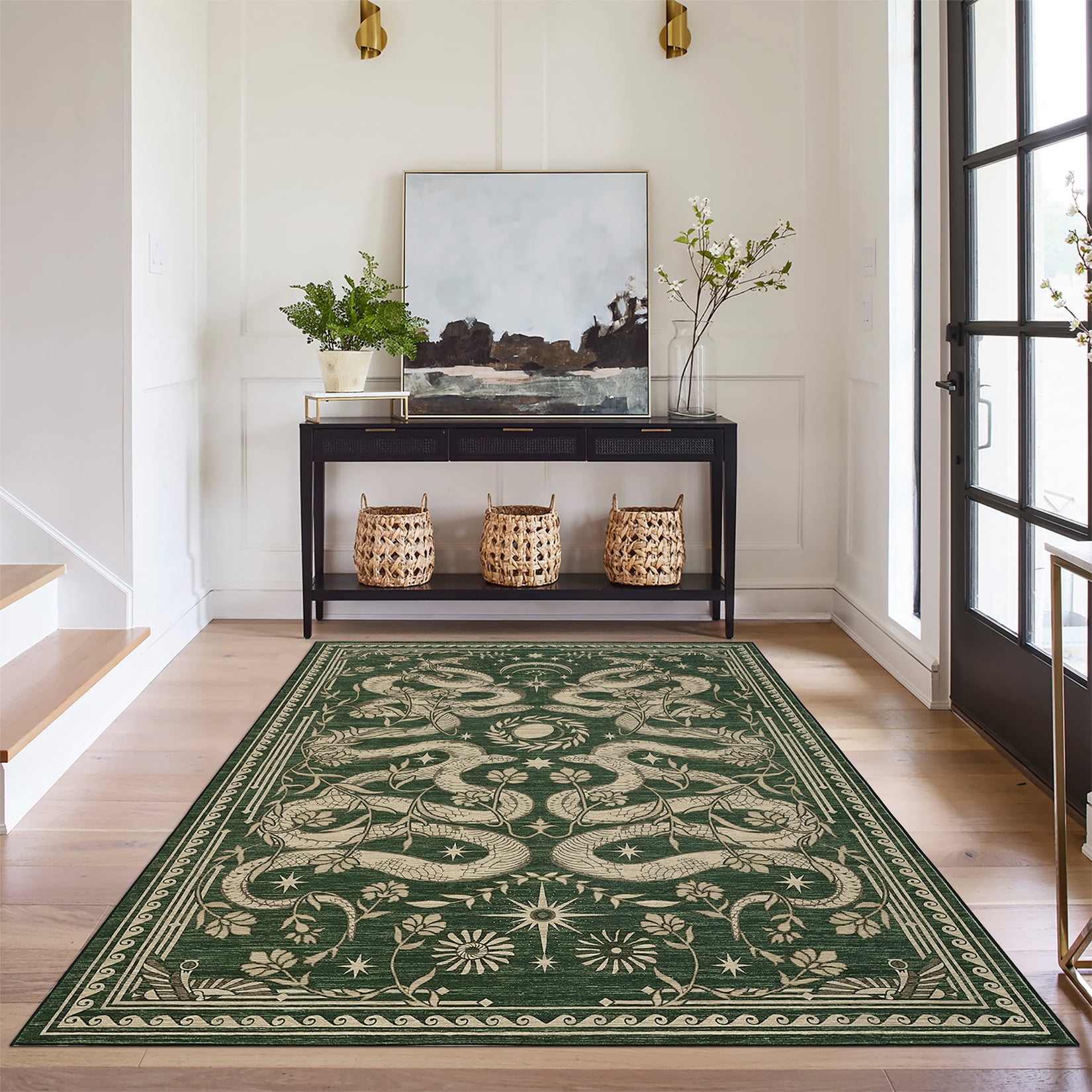 Garvee 5'x7' Modern Snake Printed Area Rug Washable Living Room Rug, Forest Low Pile Stain Resistant Rug Non Slip Carpet for Bedroom Dining Room, Green
