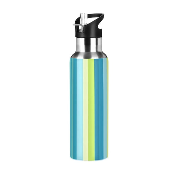 Blue Green Vertical Stripes Sports Bottle with Straw Stainless Steel Water Jug Portable Thermal Cup Leak-proof 600ML
