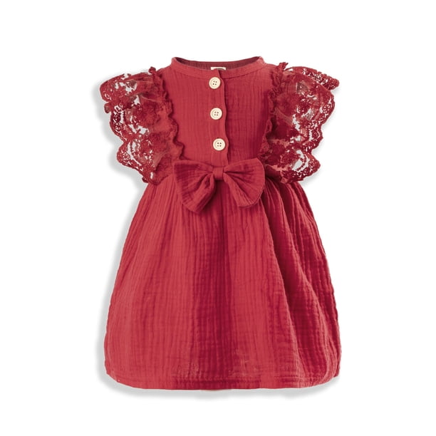 Vestido Para Niñas, Ropa Para Niñas Pequeñas, Trajes Para Niños Pequeños, Encaje Sin Mangas, Lazo, Algodón, Cómodo, Vestido Para Niños, Rojo Odeerbi LM103-3429