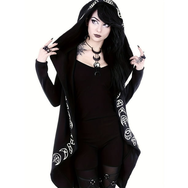 Women s Hooded Cardigan With Witchcraft Pattern Gothic Style Long