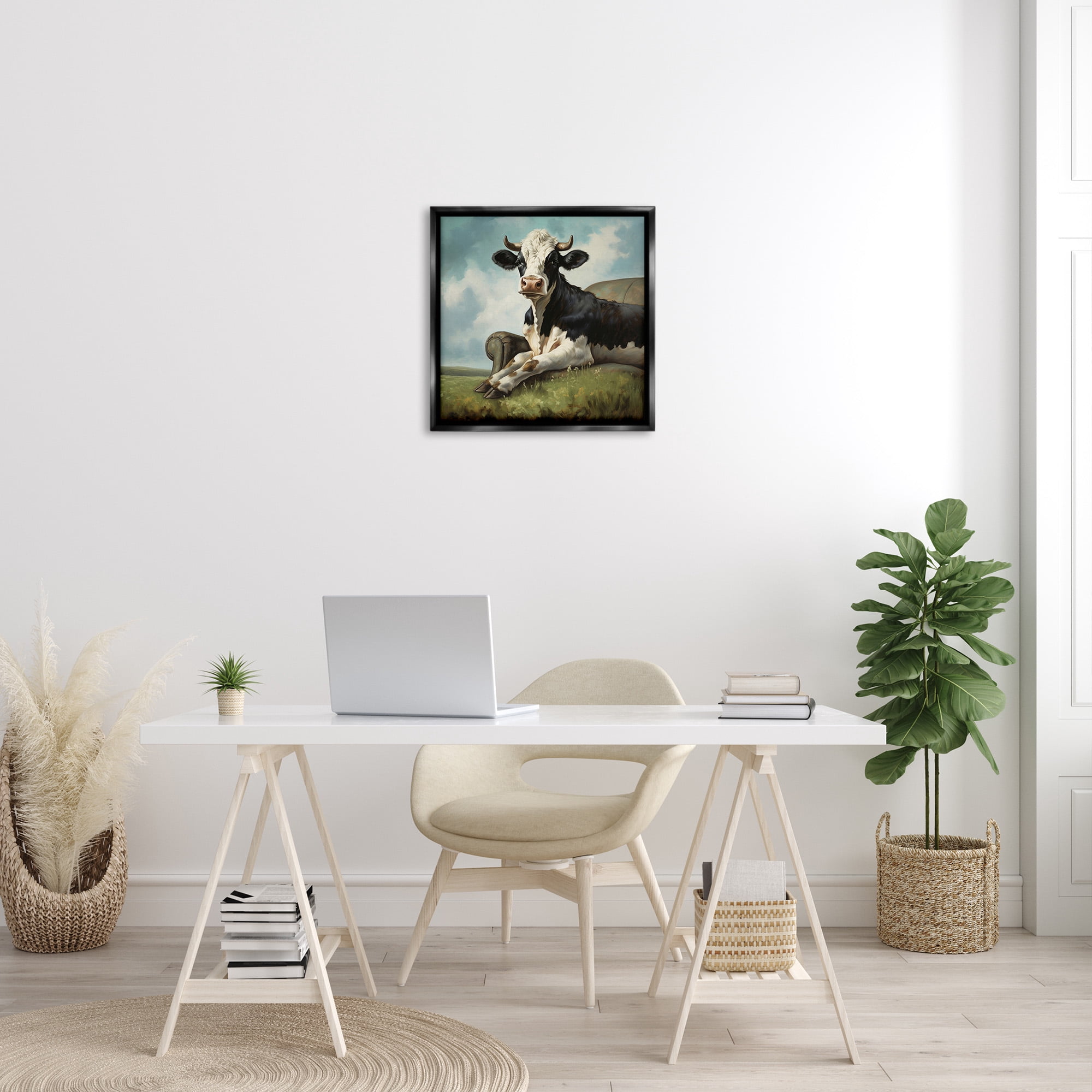Stupell Industries Cow on Country Couch Animals & Insects Painting Black Floater Framed Canvas Art Print Wall Art, 25 x 25