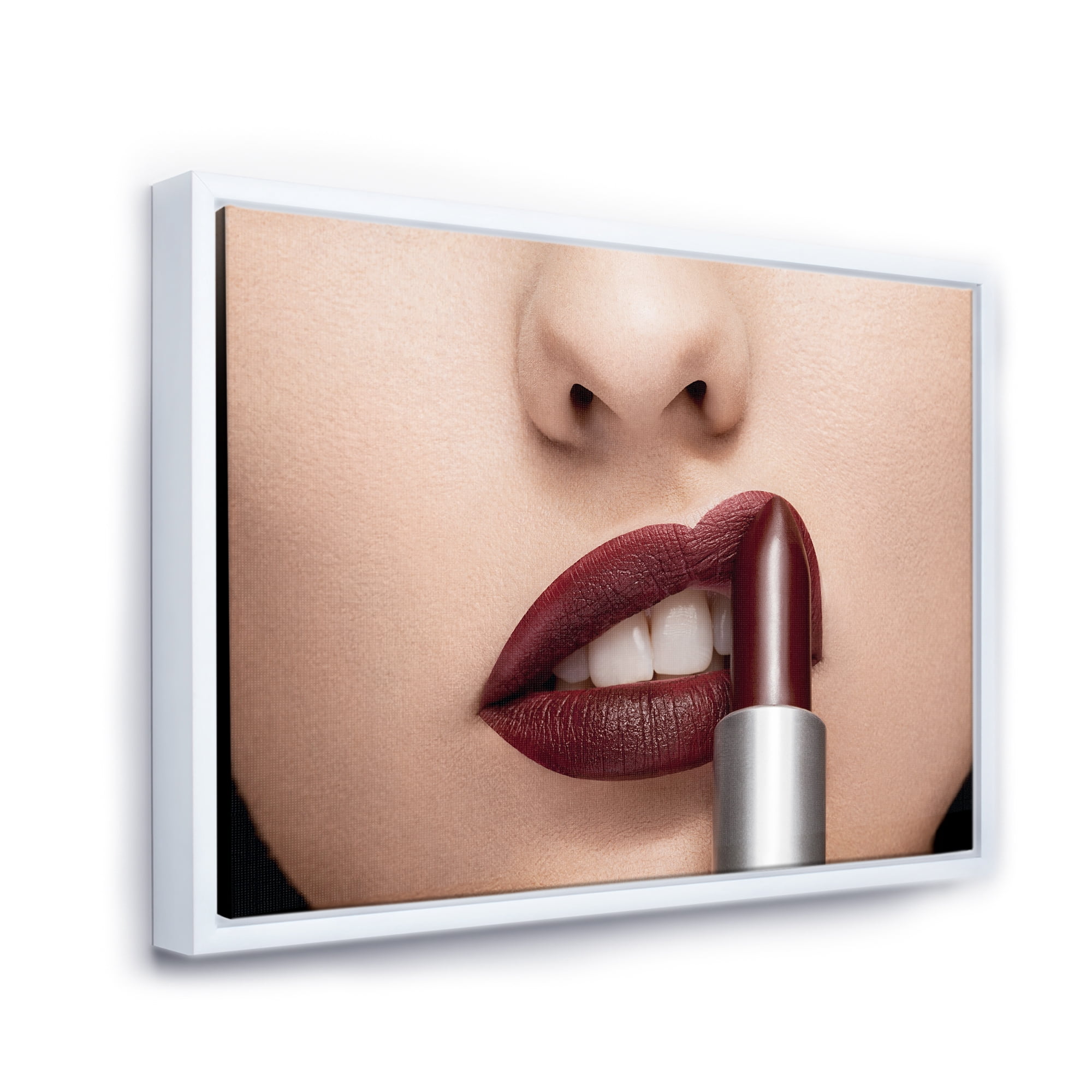 Designart 'Woman Applying Red Lipstick On Lips II' Modern Framed Canvas Wall Art Print