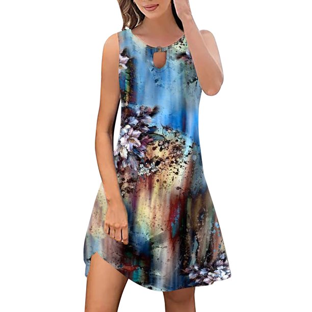 Gibobby Vestidos Casuales para Mujer Vestido sin mangas de estilo casual estampado para mujer(Azul celeste,G)