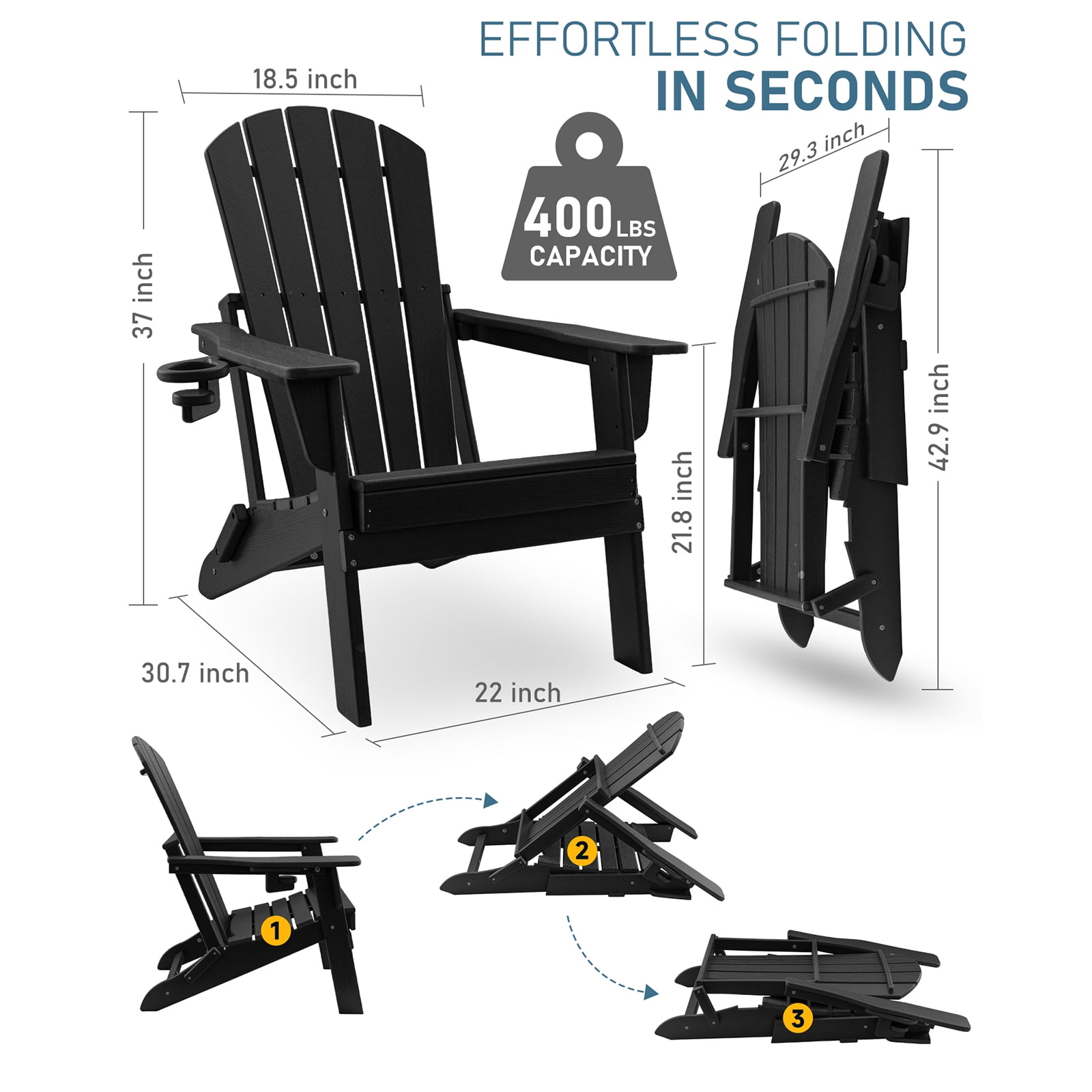 HDPE Folding Adirondack Chair with Cup Holder,Weather-Resistant, Low Maintenance,Supports up to 400lbs,Black