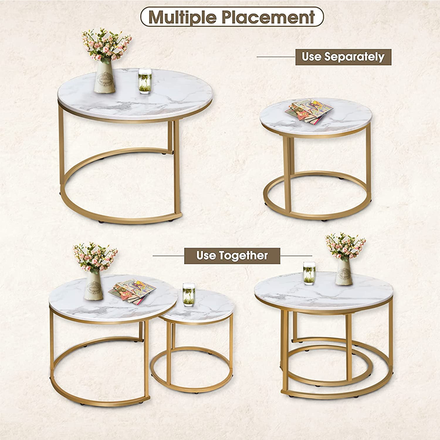 Callalily Round Coffee Table Set of 2 Modern Nesting Golden Frame Circular and Marble Pattern Wooden Stacking Accent Coffee Tables Metal Frame for Apartment Living, White