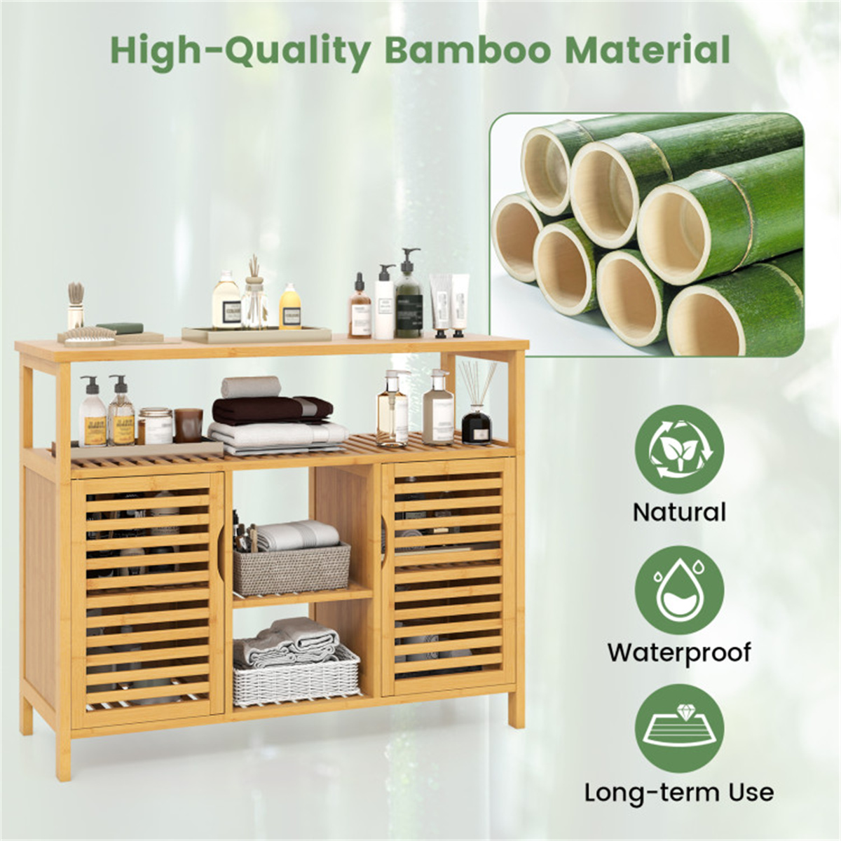 Double Door Bamboo Bathroom Storage Cabinet with Open Shelves, 39.5 Inch Tall Wood Organizer with Anti-Tip Device, for Bathroom, Kitchen, Living Room, Natural Finish