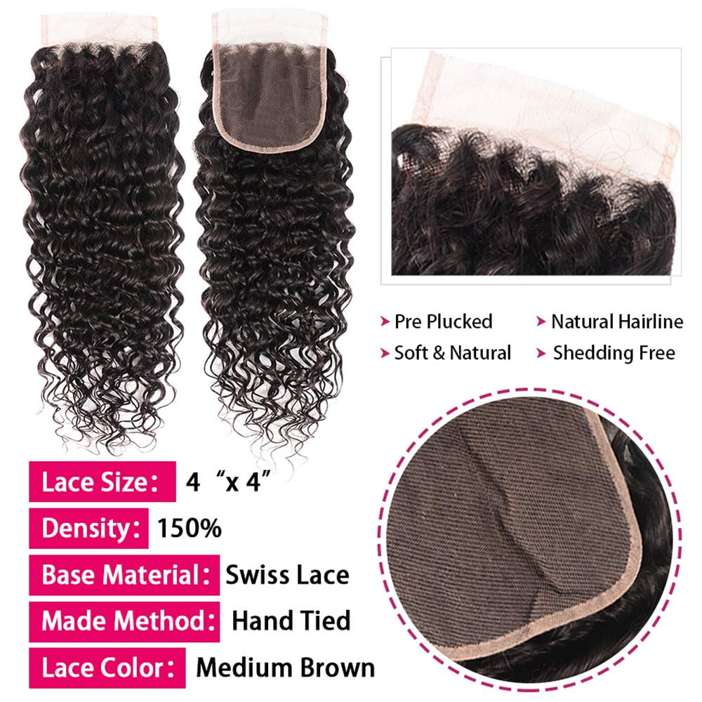 Unprocessed Water Wave Human Hair Bundles with Closure 100g Per Bundle Natural Black